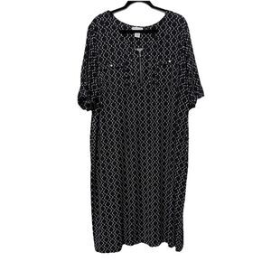 Catherines 2X Black White Geometric Short Sleeve Midi Dress Zip Front 22/24